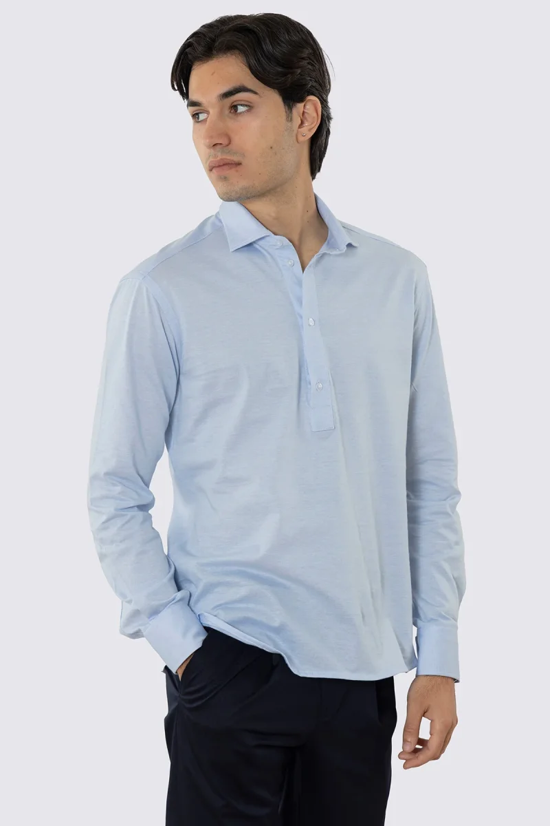 Polo camicia celeste 4 bottoni da uomo collo semi francese manica lunga in cotone 100% nido d’ape made in italy