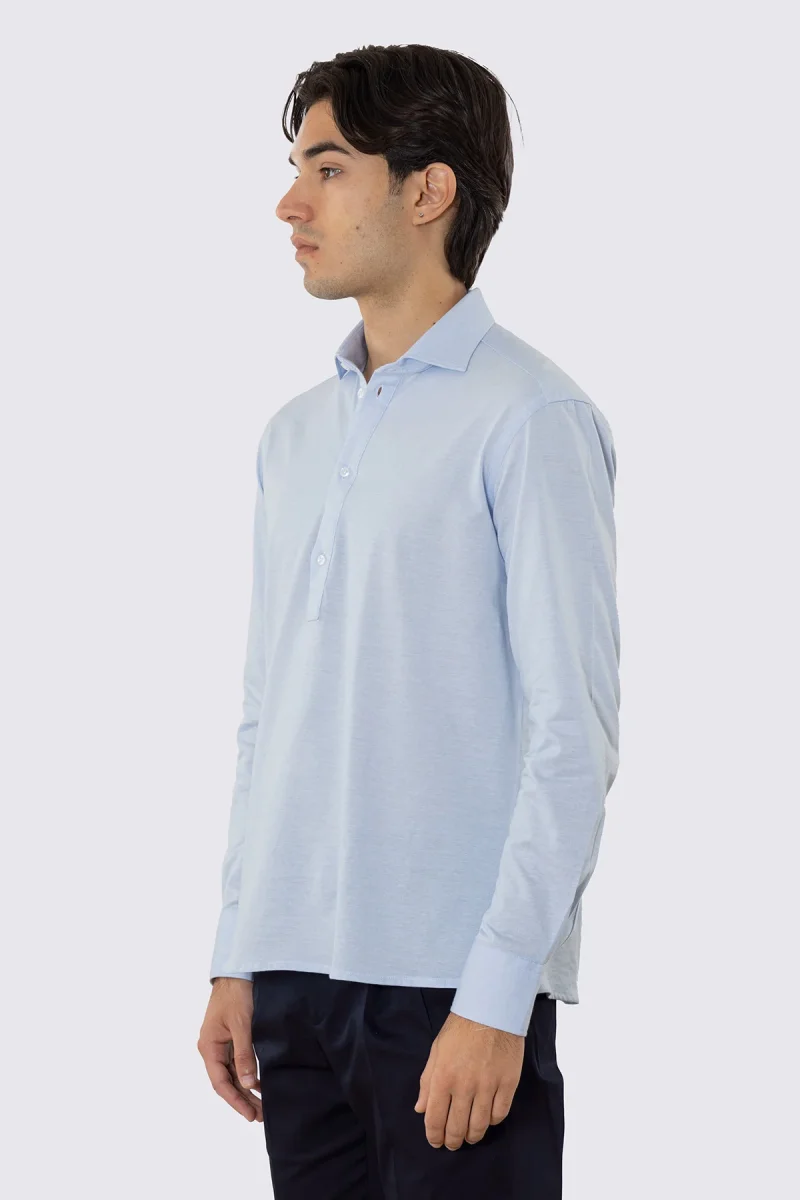 Polo camicia celeste 4 bottoni da uomo collo semi francese manica lunga in cotone 100% nido d’ape made in italy - immagine 3