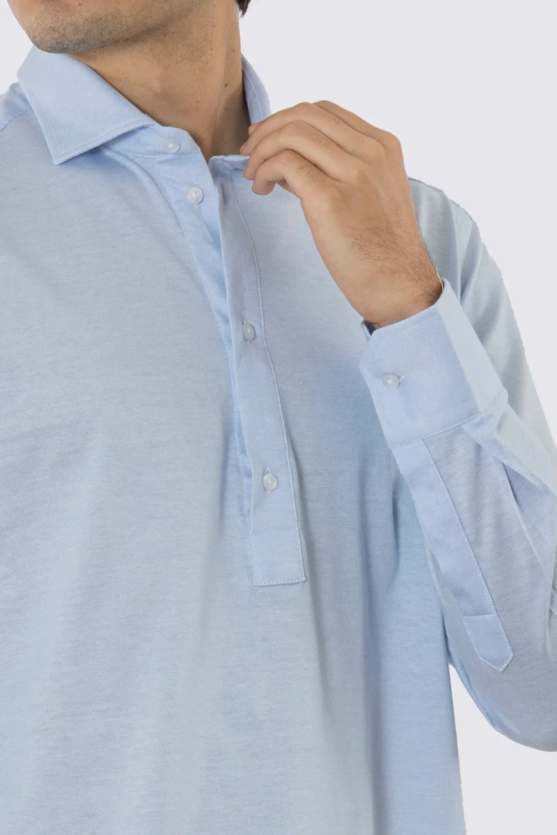 Polo camicia celeste 4 bottoni da uomo collo semi francese manica lunga in cotone 100% nido d’ape made in italy - immagine 5
