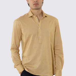 Polo camicia ocra 4 bottoni da uomo collo semi francese manica lunga in cotone 100% nido d’ape made in italy
