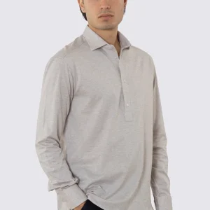 Polo camicia beige 4 bottoni da uomo collo semi francese manica lunga in cotone 100% nido d’ape made in italy