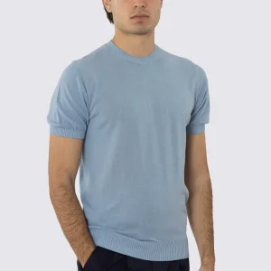 Maglioncino celeste mezze maniche in cotone 100% di filo tinta unita con elastici sulle maniche e sul fondo