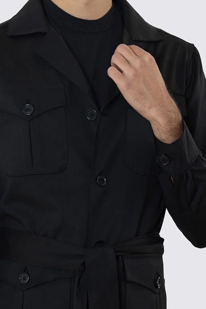 Sahariana nera fresco lana Vitale Barberis Canonico finezza super 130’s con tasconi e soffietto cintura in vita e polso camicia . - immagine 5