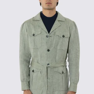 Sahariana verde 100% lino Fordam Tessuti Napoli con tasconi e soffietto cintura in vita e polso camicia