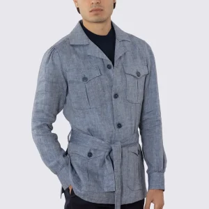 Sahariana blu denim 100% lino Fordam Tessuti Napoli con tasconi e soffietto cintura in vita e polso camicia