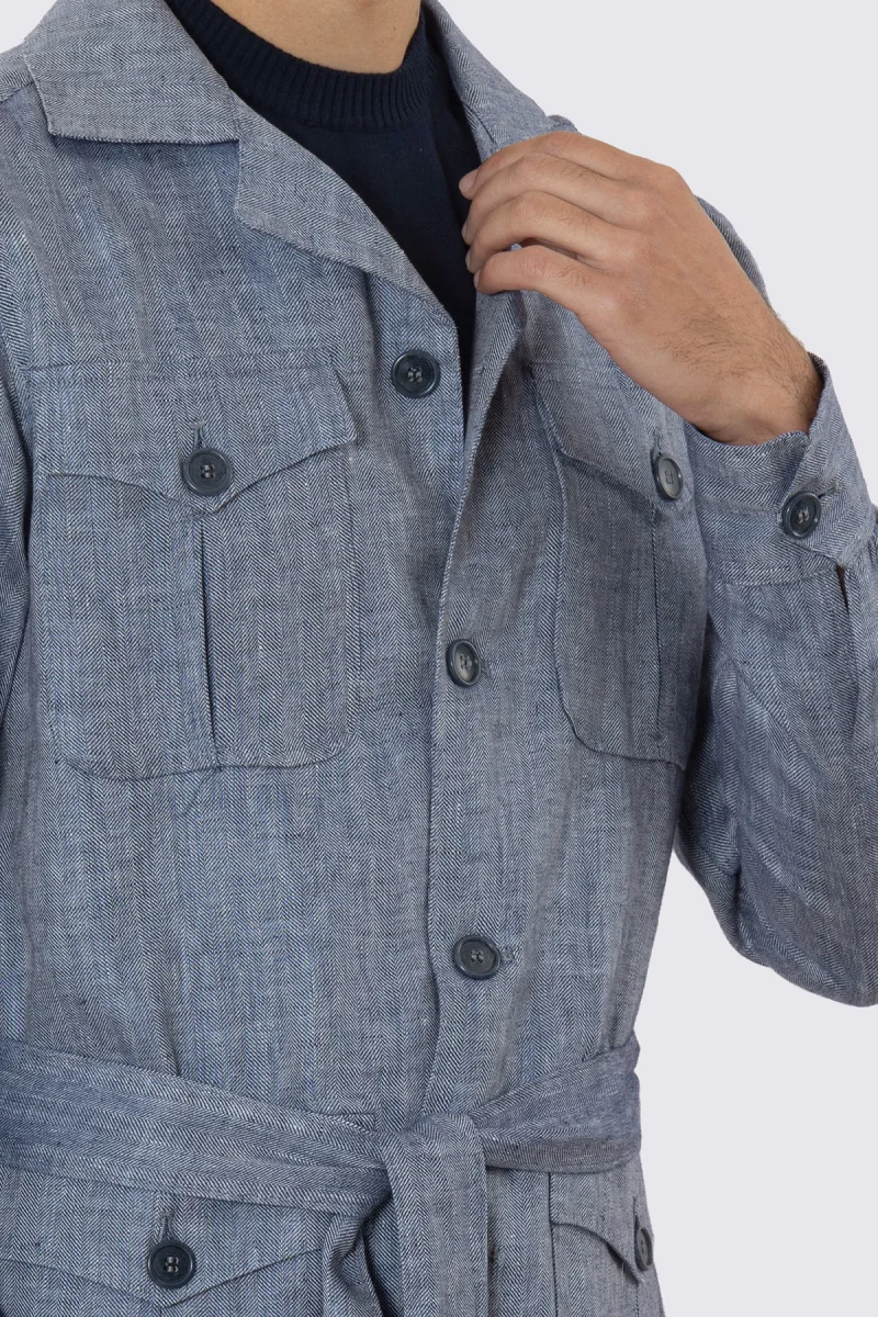 Sahariana blu denim 100% lino Fordam Tessuti Napoli con tasconi e soffietto cintura in vita e polso camicia - immagine 5