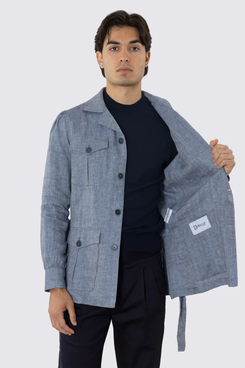 Sahariana blu denim 100% lino Fordam Tessuti Napoli con tasconi e soffietto cintura in vita e polso camicia - immagine 6