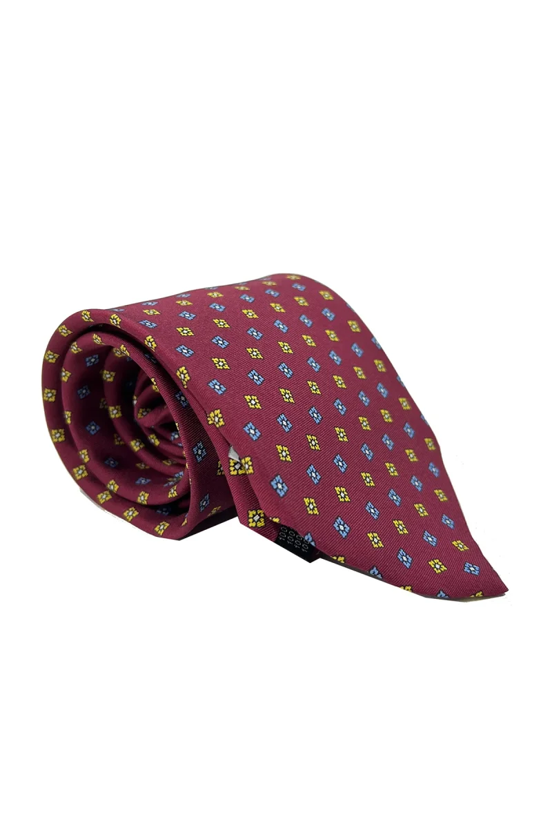 Cravatta uomo bordeaux 9cm fantasia in pura seta cucita a mano - immagine 3
