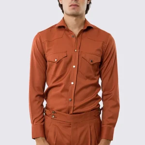 Camicia Uomo coccio modello texana vitale barberis canonico fresco lana super 130’s made in italy collo semi francese morbido slim fit bottoni argento