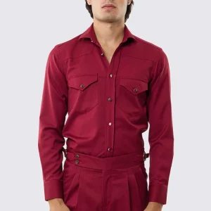 Camicia Uomo rossa modello texana vitale barberis canonico fresco lana super 130’s made in italy collo semi francese morbido slim fit bottoni argento