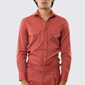 Camicia Uomo corallo modello texana vitale barberis canonico fresco lana super 130’s made in italy collo semi francese morbido slim fit bottoni argento