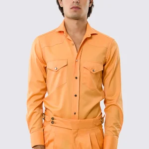 Camicia Uomo arancio modello texana vitale barberis canonico fresco lana super 130’s made in italy collo semi francese morbido slim fit bottoni argento