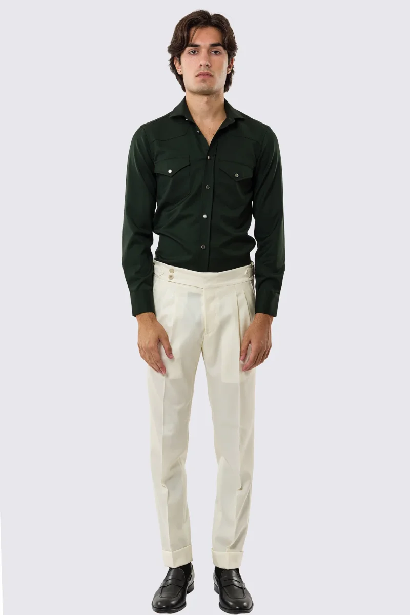 Camicia Uomo Verde modello texana vitale barberis canonico fresco lana super 130’s made in italy collo semi francese morbido slim fit bottoni argento - immagine 3