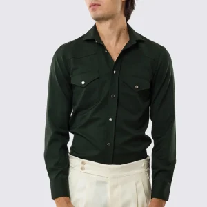 Camicia Uomo Verde modello texana vitale barberis canonico fresco lana super 130’s made in italy collo semi francese morbido slim fit bottoni argento