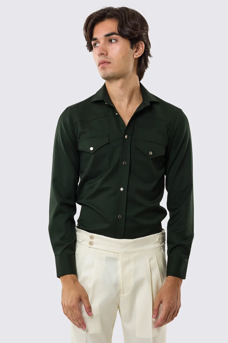Camicia Uomo Verde modello texana vitale barberis canonico fresco lana super 130’s made in italy collo semi francese morbido slim fit bottoni argento - immagine 2