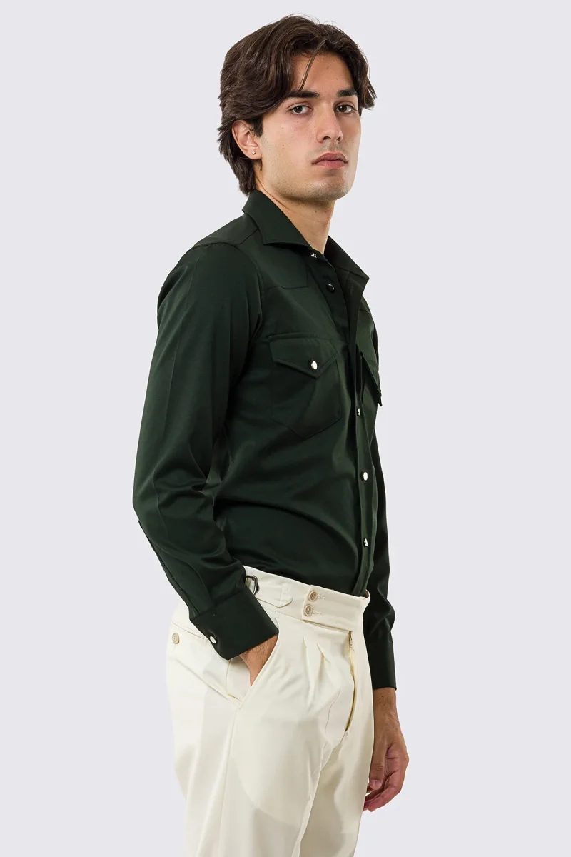 Camicia Uomo Verde modello texana vitale barberis canonico fresco lana super 130’s made in italy collo semi francese morbido slim fit bottoni argento - immagine 4