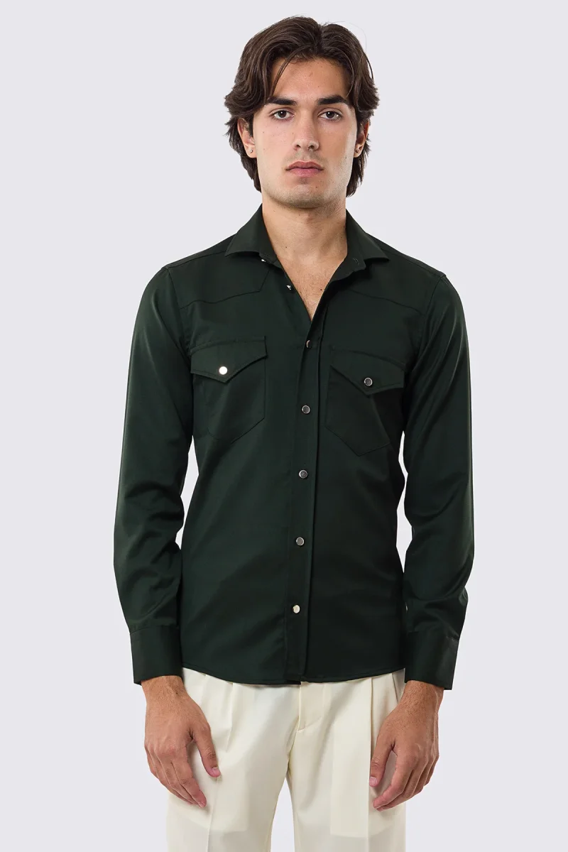 Camicia Uomo Verde modello texana vitale barberis canonico fresco lana super 130’s made in italy collo semi francese morbido slim fit bottoni argento - immagine 6