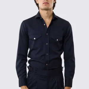 Camicia Uomo blu modello texana vitale barberis canonico fresco lana super 130’s made in italy collo semi francese morbido slim fit bottoni argento