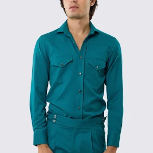 Camicia Uomo menta modello texana vitale barberis canonico fresco lana super 130’s made in italy collo semi francese morbido slim fit bottoni argento
