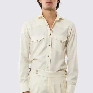 Camicia Uomo panna modello texana vitale barberis canonico fresco lana super 130’s made in italy collo semi francese morbido slim fit bottoni argento