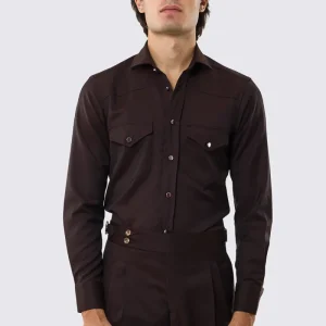 Camicia Uomo marrone modello texana vitale barberis canonico fresco lana super 130’s made in italy collo semi francese morbido slim fit bottoni argento