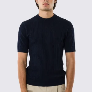 Maglioncino mezze maniche blu da uomo con treccia interna ed elastici sulle maniche e sul fondo100% cotone di filo tinta unita