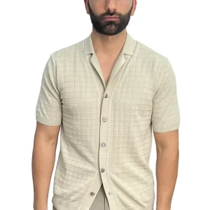 Polo mezze maniche beige da uomo con treccia quadrata interna ed elastici sulle maniche e sul fondo 100% cotone di filo tinta unita