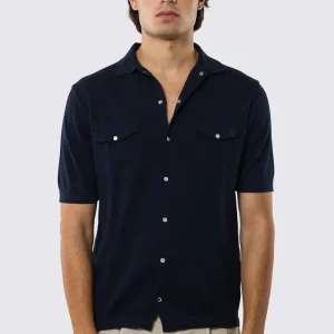 Polo mezze maniche blu modello con tasconi e bottoni clip in perla da uomo finezza 14 con elastici sulle maniche e sul fondo 100% cotone di filo tinta unita