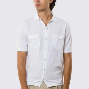 Polo mezze maniche bianca modello con tasconi e bottoni clip in perla da uomo finezza 14 con elastici sulle maniche e sul fondo 100% cotone di filo tinta unita