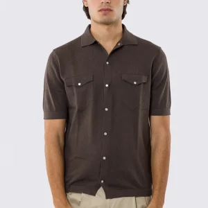 Polo mezze maniche marrone modello con tasconi e bottoni clip in perla da uomo finezza 14 con elastici sulle maniche e sul fondo 100% cotone di filo tinta unita