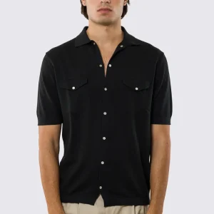 Polo mezze maniche nera modello con tasconi e bottoni clip in perla da uomo finezza 14 con elastici sulle maniche e sul fondo 100% cotone di filo tinta unita