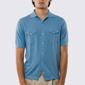 Polo mezze maniche azzurra modello con tasconi e bottoni clip in perla da uomo finezza 14 con elastici sulle maniche e sul fondo 100% cotone di filo tinta unita