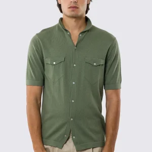 Polo mezze maniche verde militare modello con tasconi e bottoni clip in perla da uomo finezza 14 con elastici sulle maniche e sul fondo 100% cotone di filo tinta unita