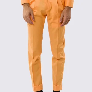 Pantalone uomo arancio vita alta con fibbie laterali tasca america in fresco lana 100% Vitale Barberis Canonico risvolto 5cm