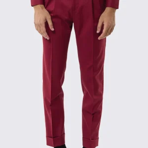 Pantalone uomo rosso vita alta con fibbie laterali tasca america in fresco lana 100% Vitale Barberis Canonico risvolto 5cm