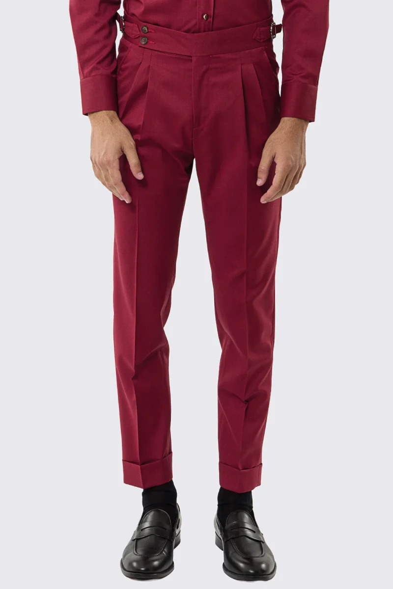 Pantalone uomo rosso vita alta con fibbie laterali tasca america in fresco lana 100% Vitale Barberis Canonico risvolto 5cm