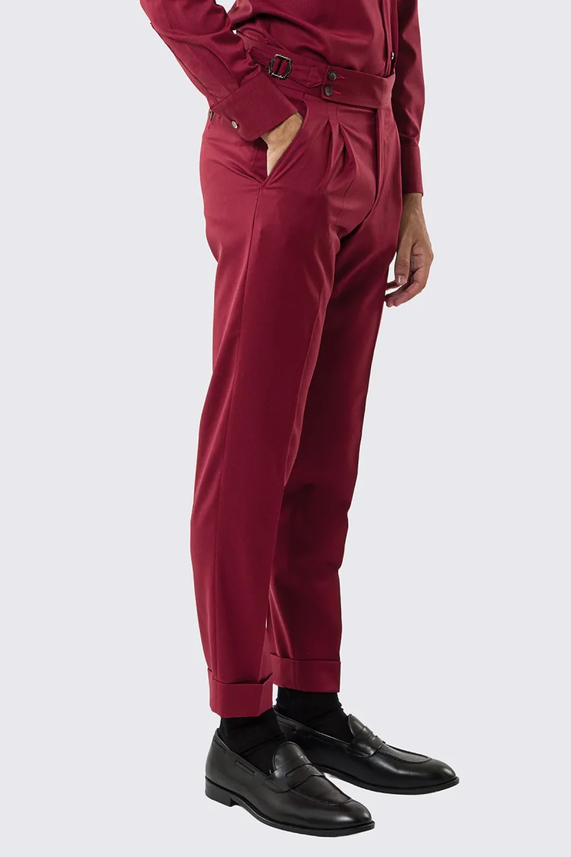 Pantalone uomo rosso vita alta con fibbie laterali tasca america in fresco lana 100% Vitale Barberis Canonico risvolto 5cm - immagine 4