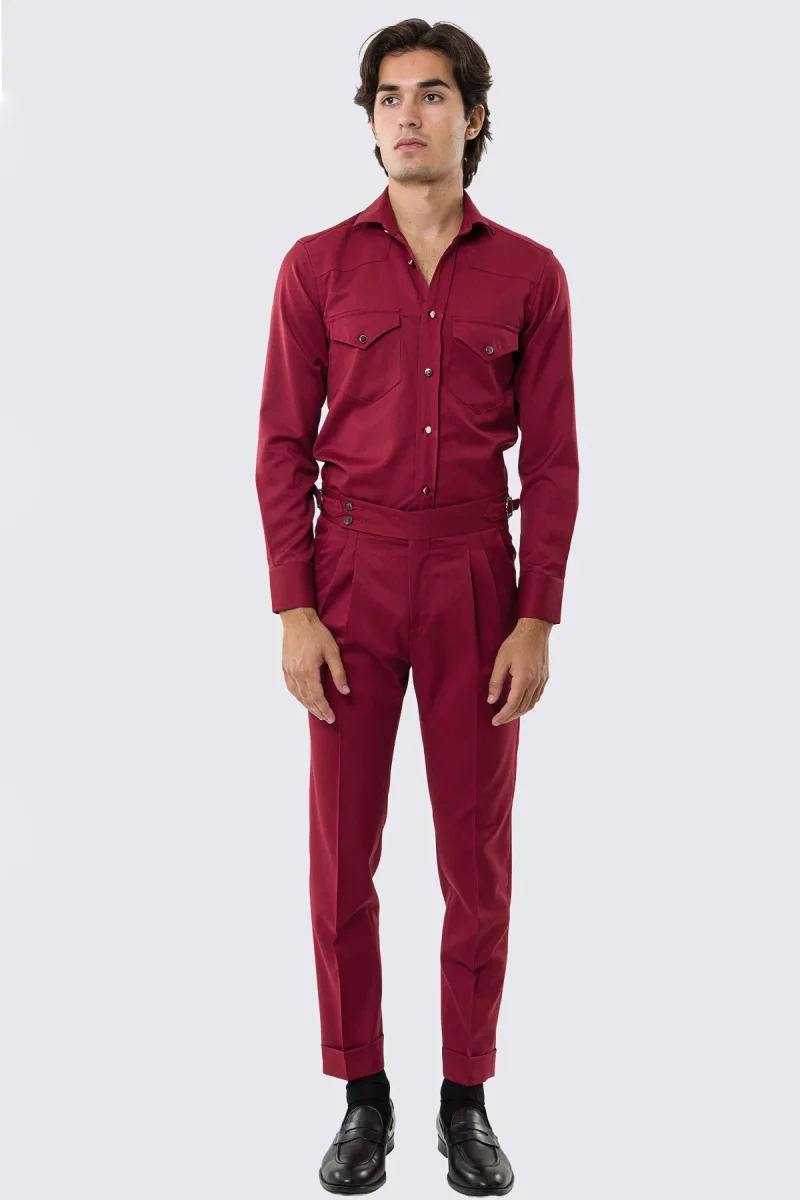 Pantalone uomo rosso vita alta con fibbie laterali tasca america in fresco lana 100% Vitale Barberis Canonico risvolto 5cm - immagine 3