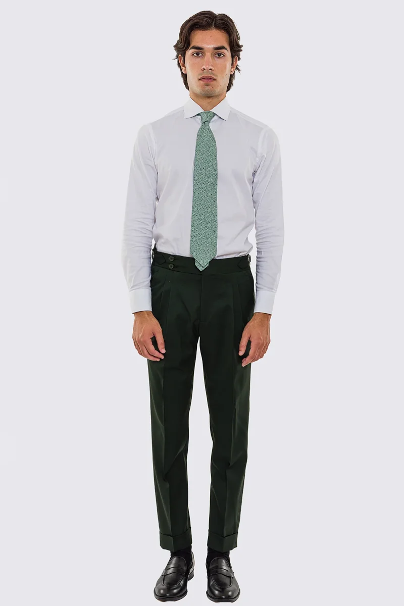 Pantalone uomo verde vita alta con fibbie laterali tasca america in fresco lana 100% Vitale Barberis Canonico risvolto 5cm - immagine 3