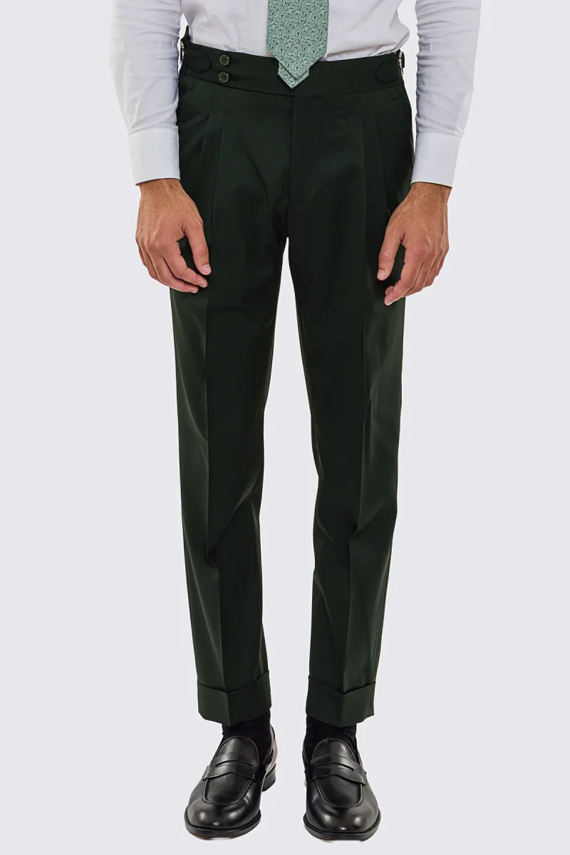 Pantalone uomo verde vita alta con fibbie laterali tasca america in fresco lana 100% Vitale Barberis Canonico risvolto 5cm
