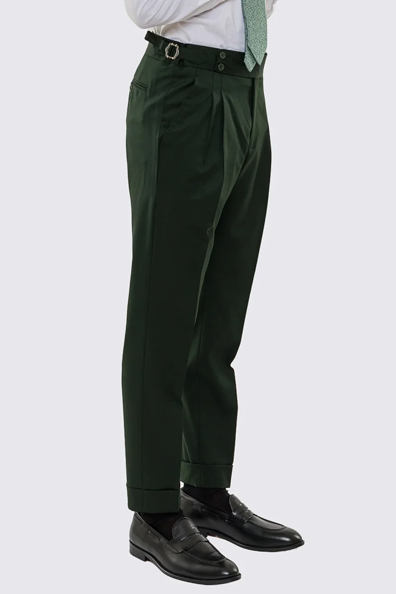 Pantalone uomo verde vita alta con fibbie laterali tasca america in fresco lana 100% Vitale Barberis Canonico risvolto 5cm - immagine 4