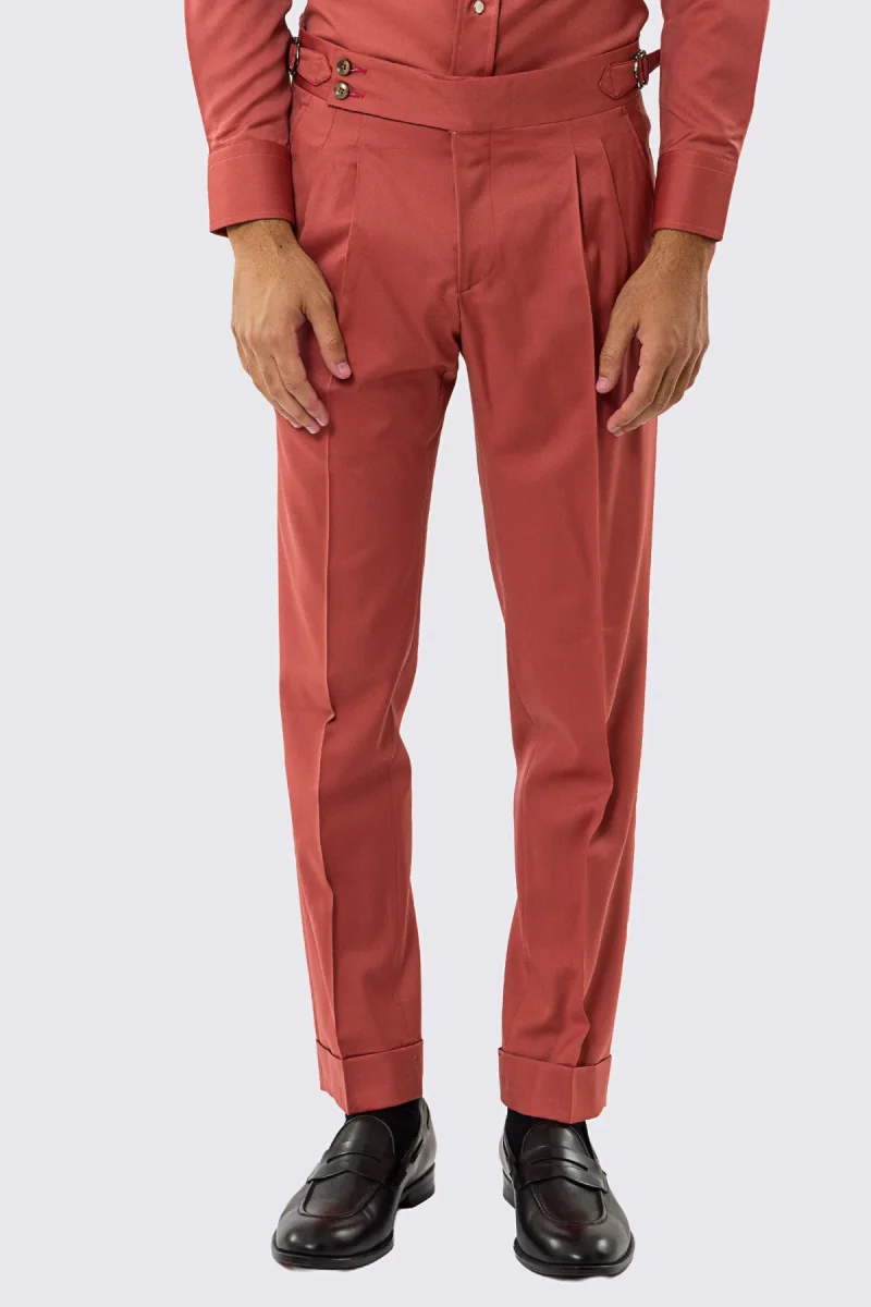 Pantalone uomo corallo vita alta con fibbie laterali tasca america in fresco lana 100% Vitale Barberis Canonico risvolto 5cm - immagine 2