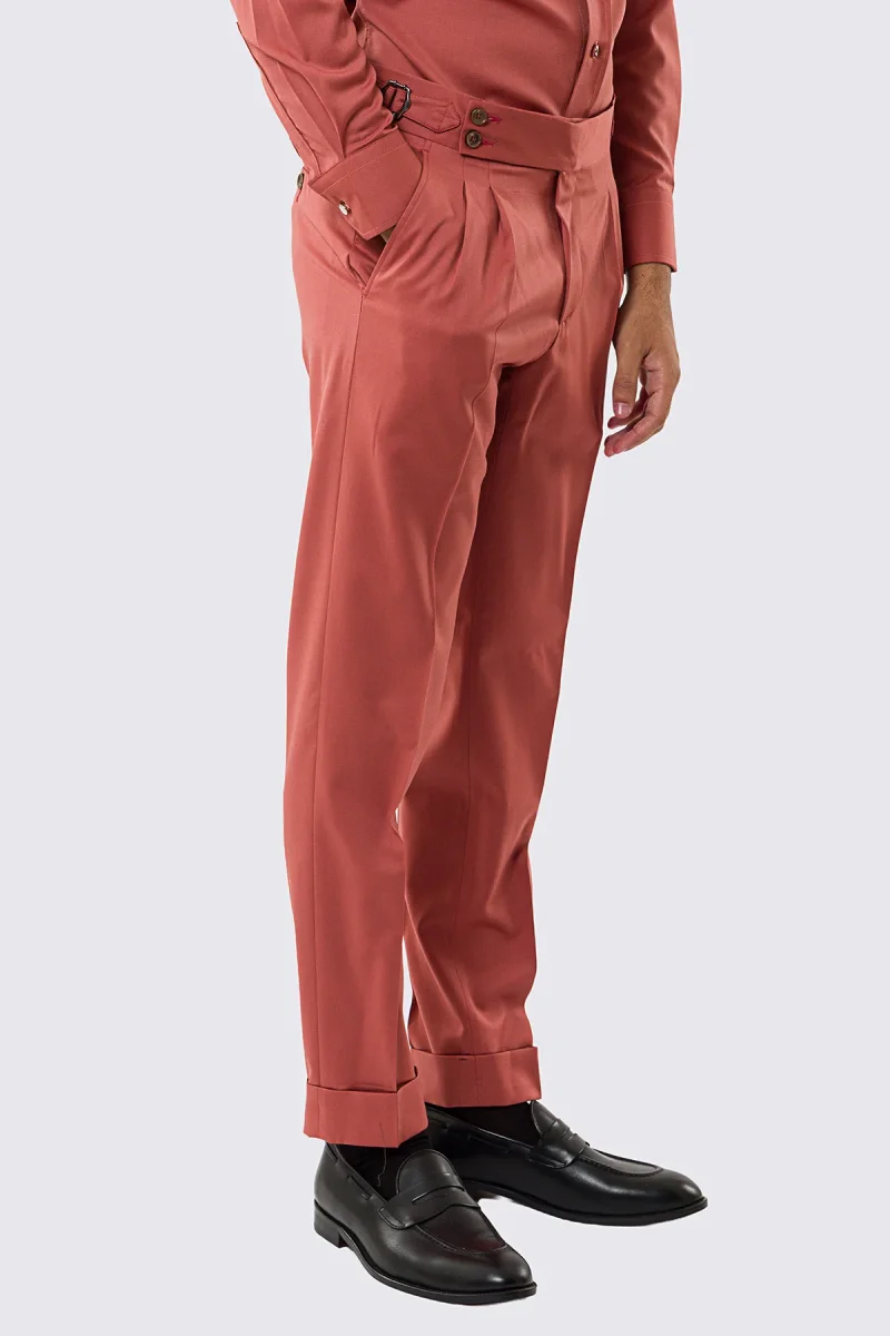 Pantalone uomo corallo vita alta con fibbie laterali tasca america in fresco lana 100% Vitale Barberis Canonico risvolto 5cm - immagine 4