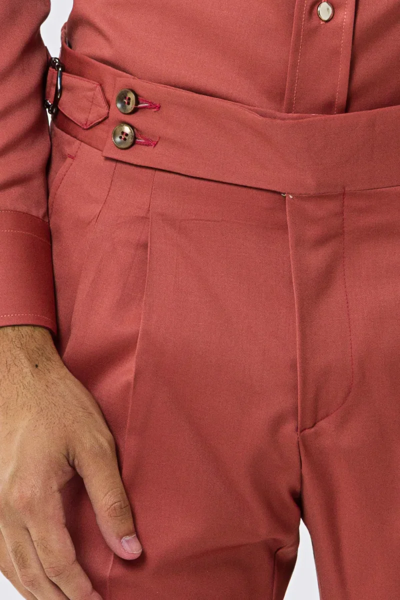 Pantalone uomo corallo vita alta con fibbie laterali tasca america in fresco lana 100% Vitale Barberis Canonico risvolto 5cm - immagine 6
