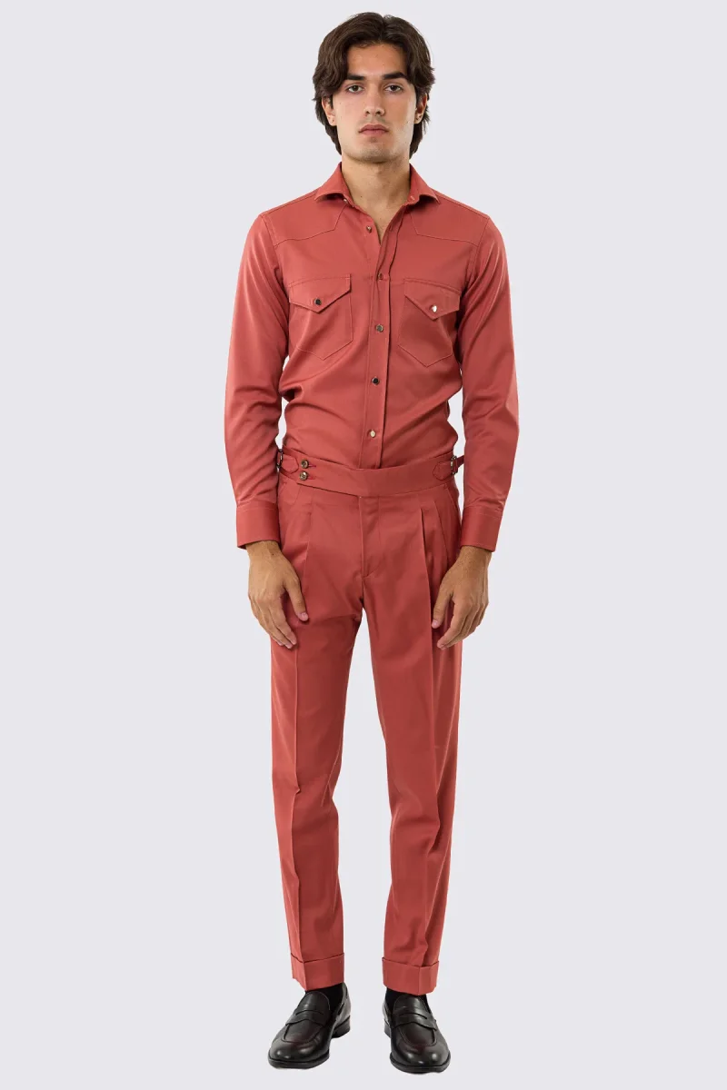 Pantalone uomo corallo vita alta con fibbie laterali tasca america in fresco lana 100% Vitale Barberis Canonico risvolto 5cm - immagine 3