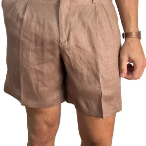 Bermuda uomo panna con doppia pinces vestibilità Regolare tasca america 100% Lino tinta unita made in italy