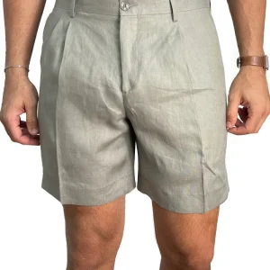 Bermuda uomo verde militare con doppia pinces vestibilità Regolare tasca america 100% Lino tinta unita made in italy