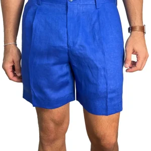 Bermuda uomo royal blu con doppia pinces vestibilità Regolare tasca america 100% Lino tinta unita made in italy
