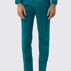 Pantalone uomo verde petrolio vita alta con fibbie laterali regolabili fresco lana Vitale Barberis Super 130’s tasca america risvolto 5cm