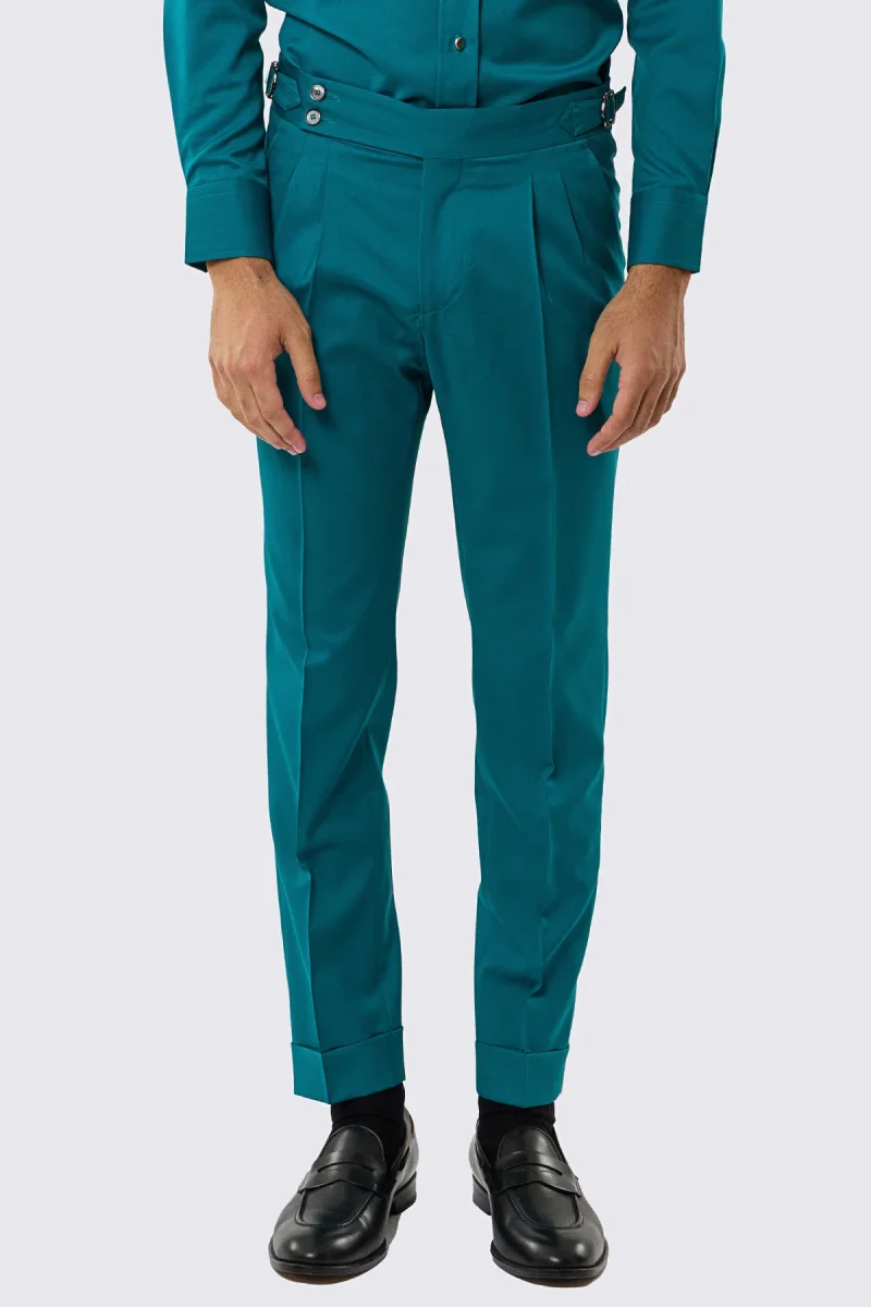 Pantalone uomo verde petrolio vita alta con fibbie laterali regolabili fresco lana Vitale Barberis Super 130’s tasca america risvolto 5cm - immagine 2